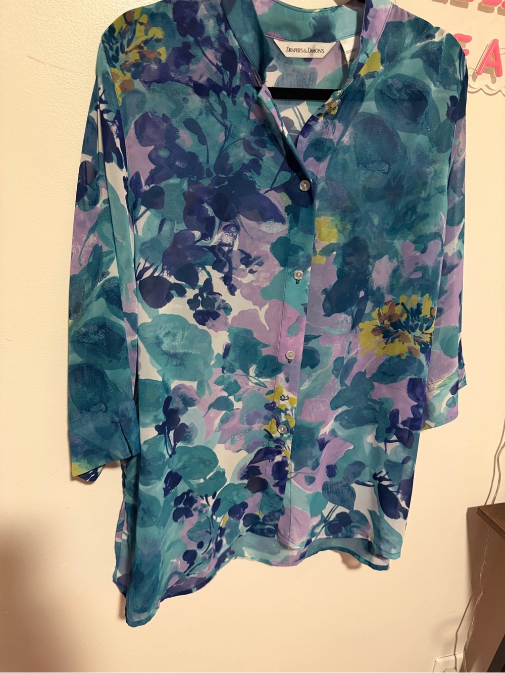 Damo Teal Aqua and Purple Floral Button-Down Blouse